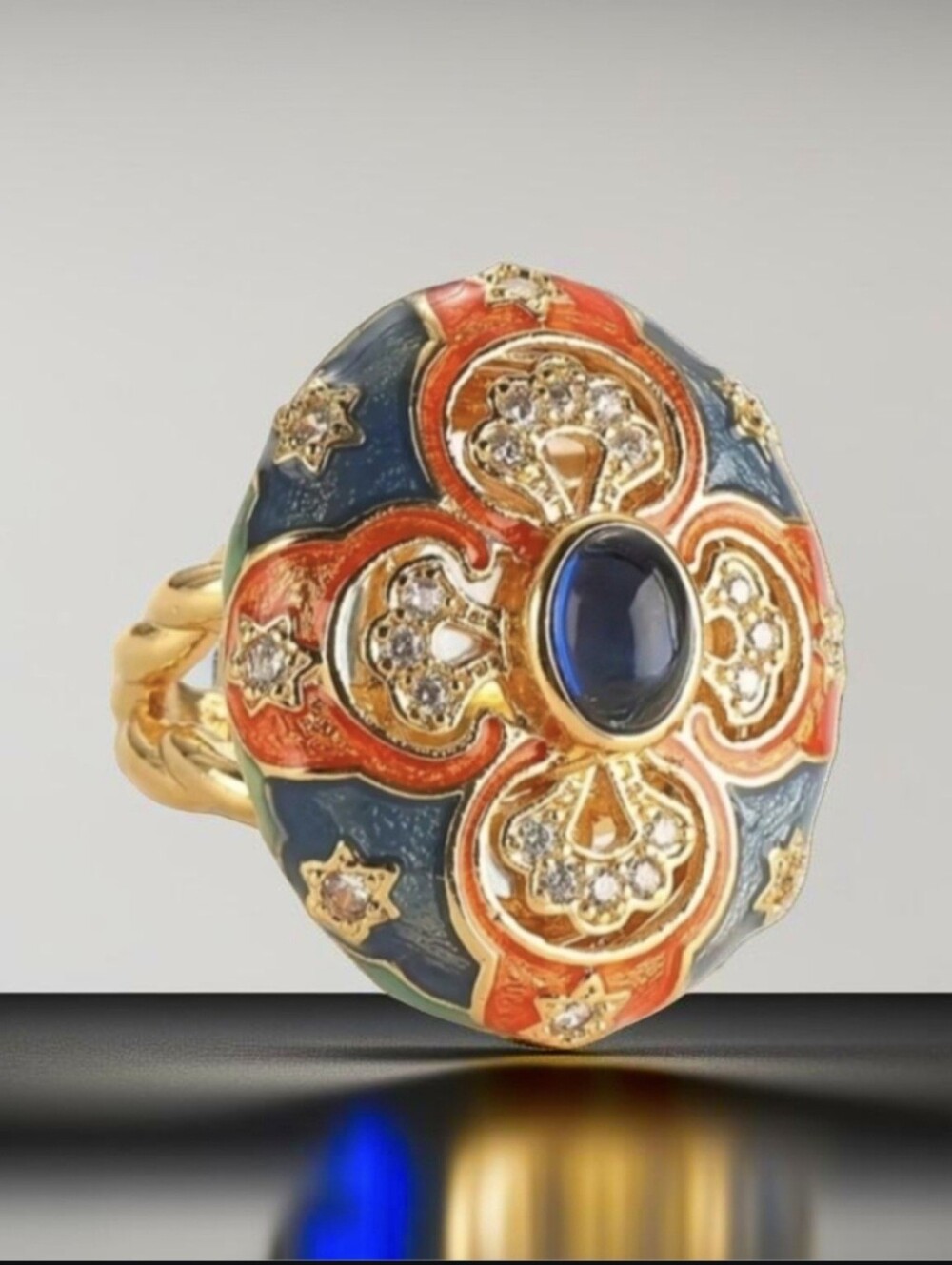 18k Gold Plated Oversized Cut Out Maltese Cross Enamel Sapphire Cabochon Ring